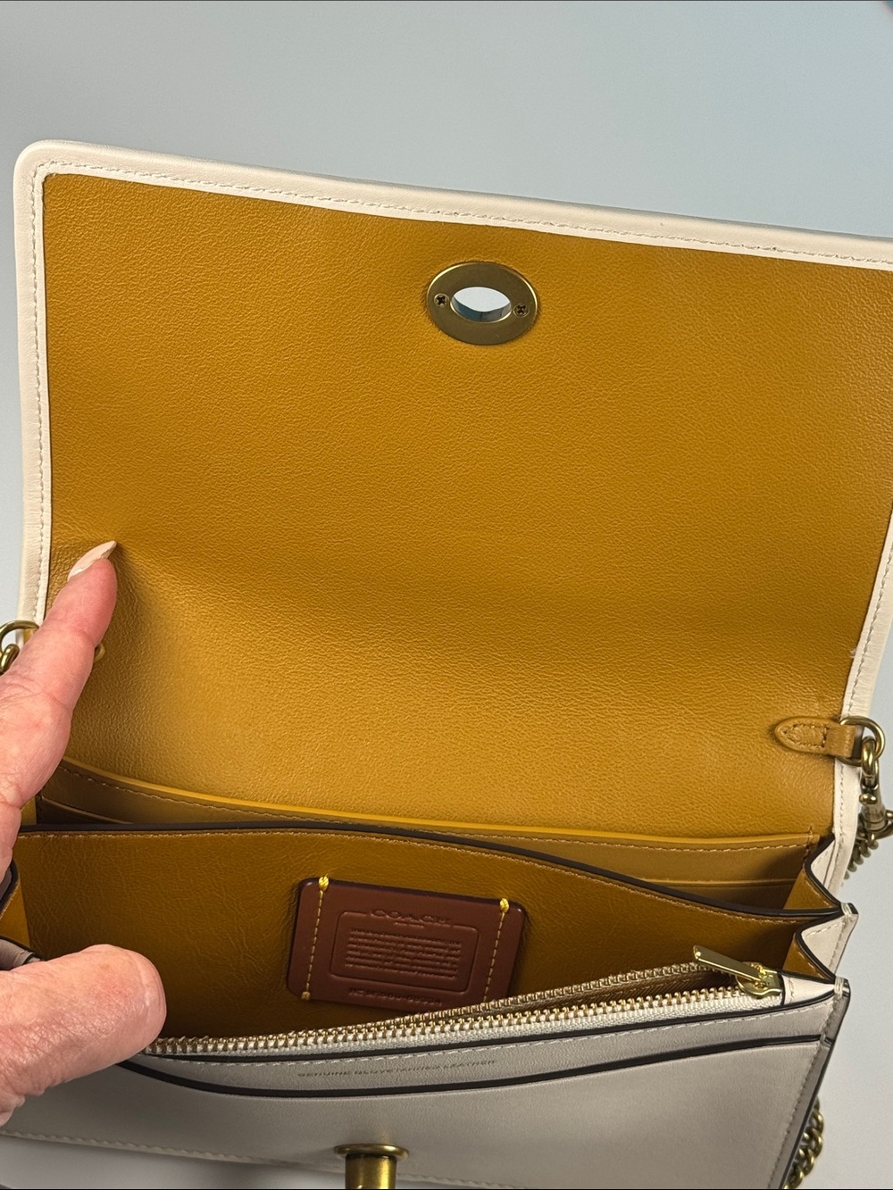Coach Callie Foldover Chain Clutch Cream With Plum Varsity Stripe - Picture 9 of 15